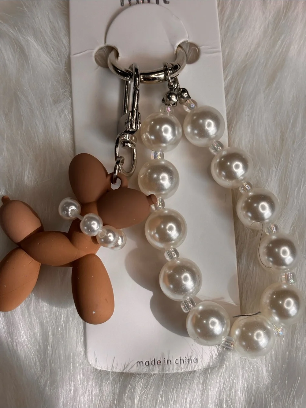 Balloon Dog Pearl Beaded Keychain Purse Charm Brown & Silver Tone